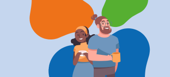 Twee getekende mensen die tegen elkaar aan staan met allebei een mok in hun hand.