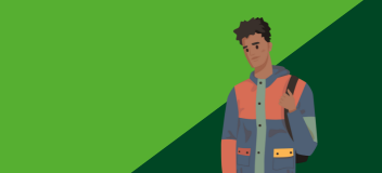 Getekende meneer met zwart haar, met rugzak om voor groene achtergrond.