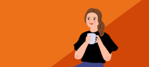 Getekende vrouw met bruin haar en een mok in haar hand, met oranje op de achtergrond.