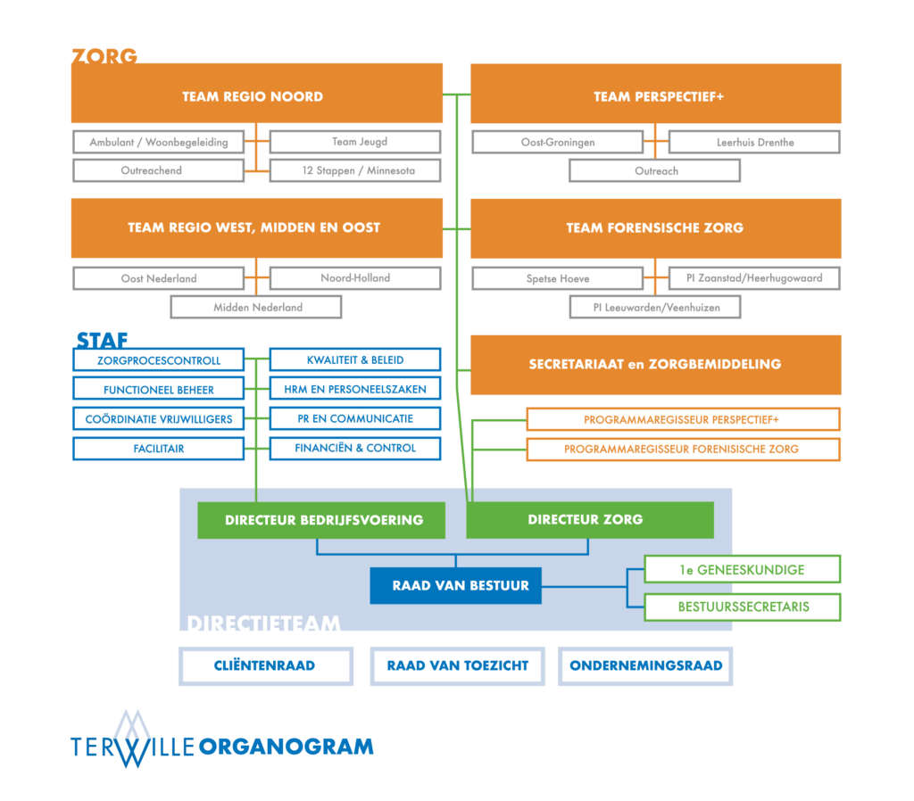 Je ziet hier een overzicht van hoe de zorgtaken bij Terwille zijn onderverdeeld.